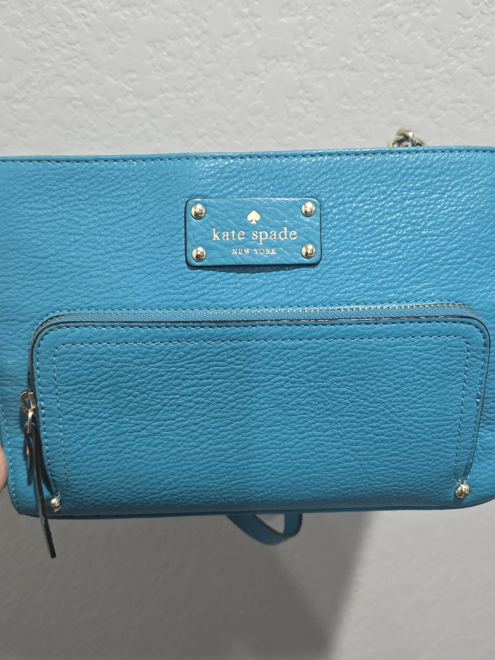 Kate Spade New York Tiffany Blue Pebbled Leather Crossbody Bag Gold Zip